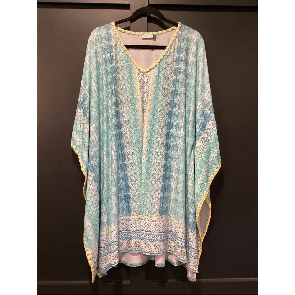 Cabana life blue geo patterned caftan beach cover up tunic dress  L/XL